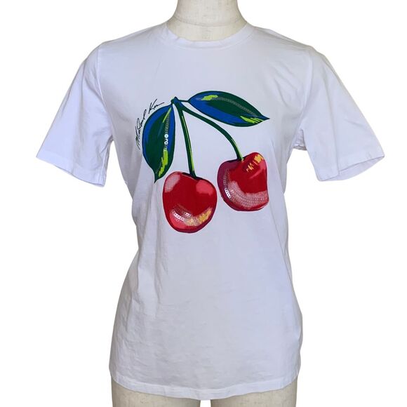 Michael Kors Cherry Sequin Graphic T-Shirt White Women’s XS - Picture 1 of 8